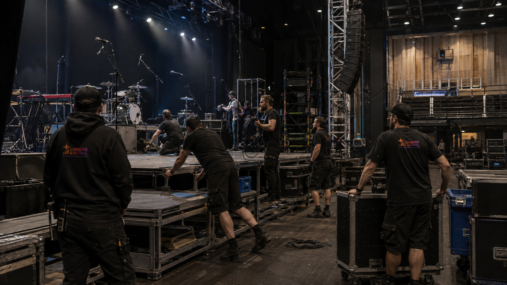 L'équipe Lumens & Decibel au montage d'un plateau